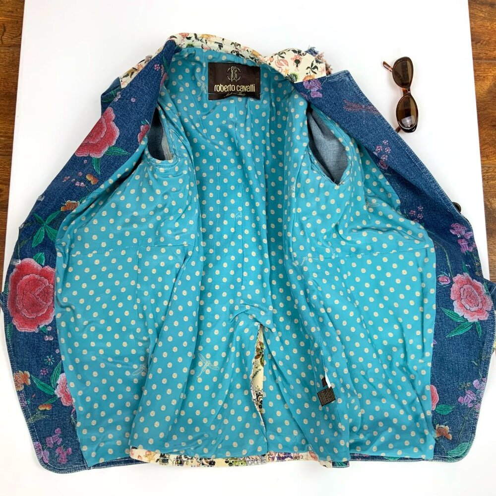 Roberto Cavalli Denim Patchwork Luxury Boho Glam Jacket Italy Sz 46(10-12) - Picture 15 of 16
